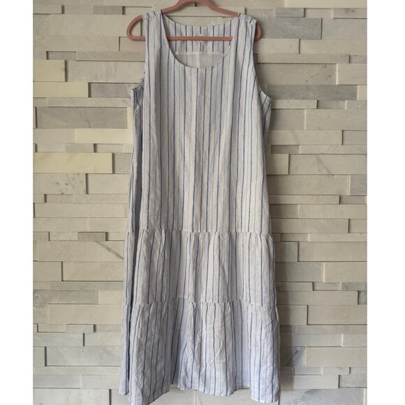 J JILL LOVE LINEN White Blue Stripe Sleeveless Dropwaist Tiered Maxi Dress XLP - Picture 1 of 7